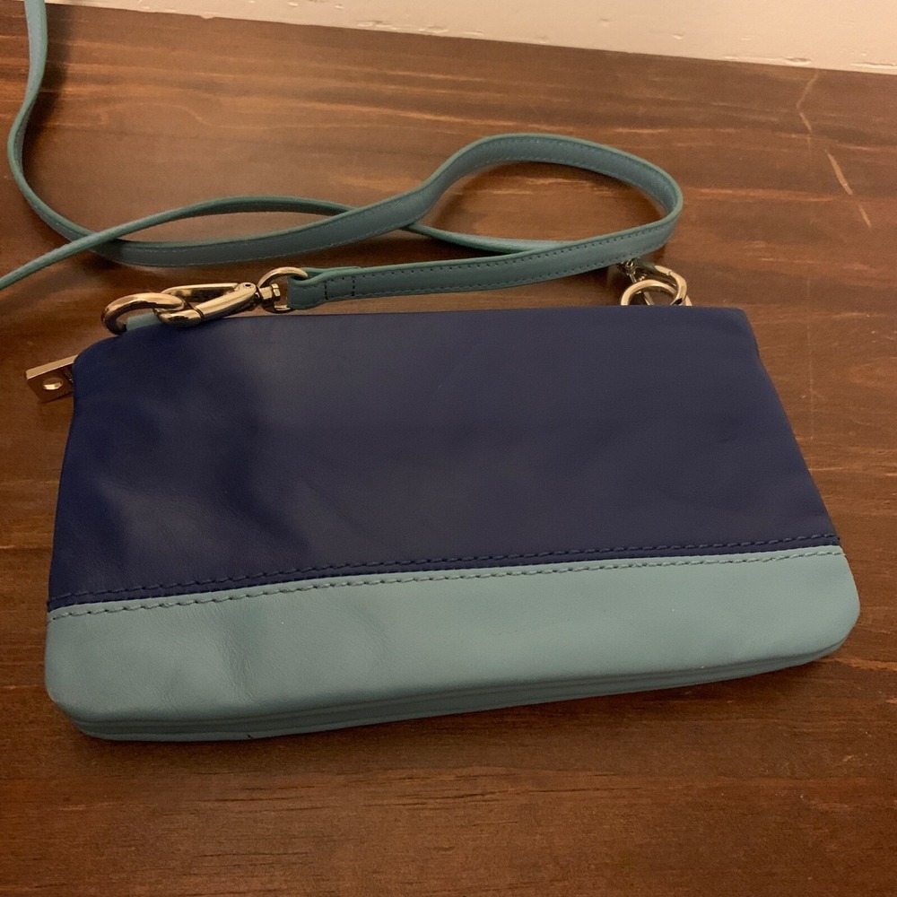 OROTON Leather Crossbody Mini Bag Blue Colorblock Removable Strap Card Holder - Picture 2 of 10